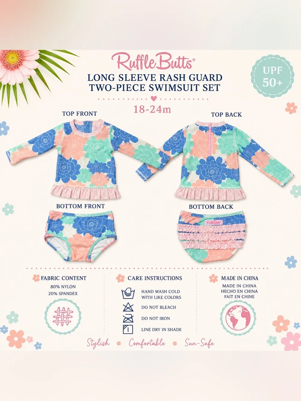RuffleButts 18-24M UPF 50+ Floral Rash Guard Swimsuit Set 2Pc